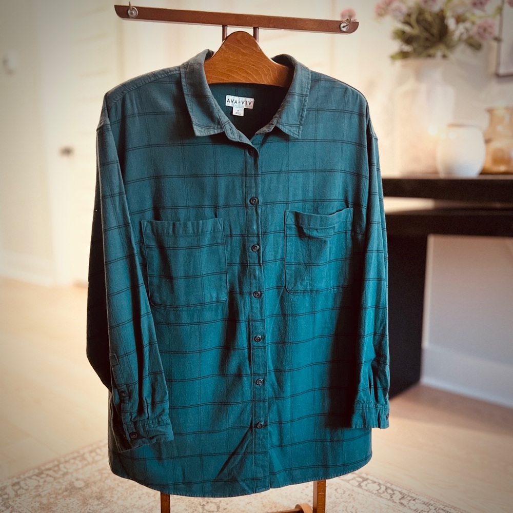 Ava & Viv green plaid checkered flannel 2X plus sz. button up